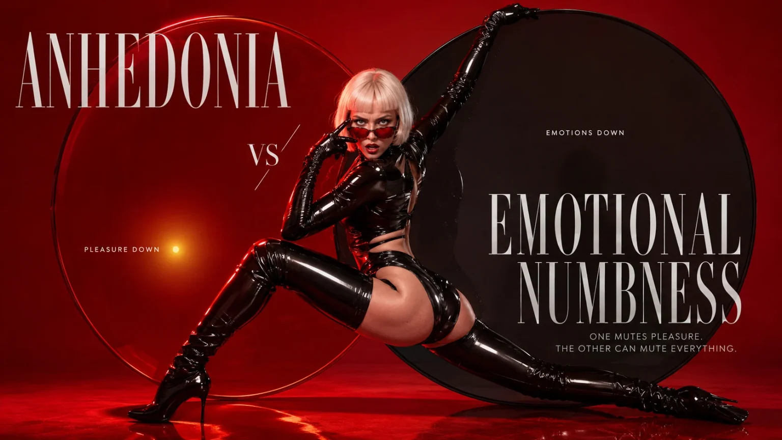 Woman caught between fading pleasure and broad emotional numbness in a red editorial scene