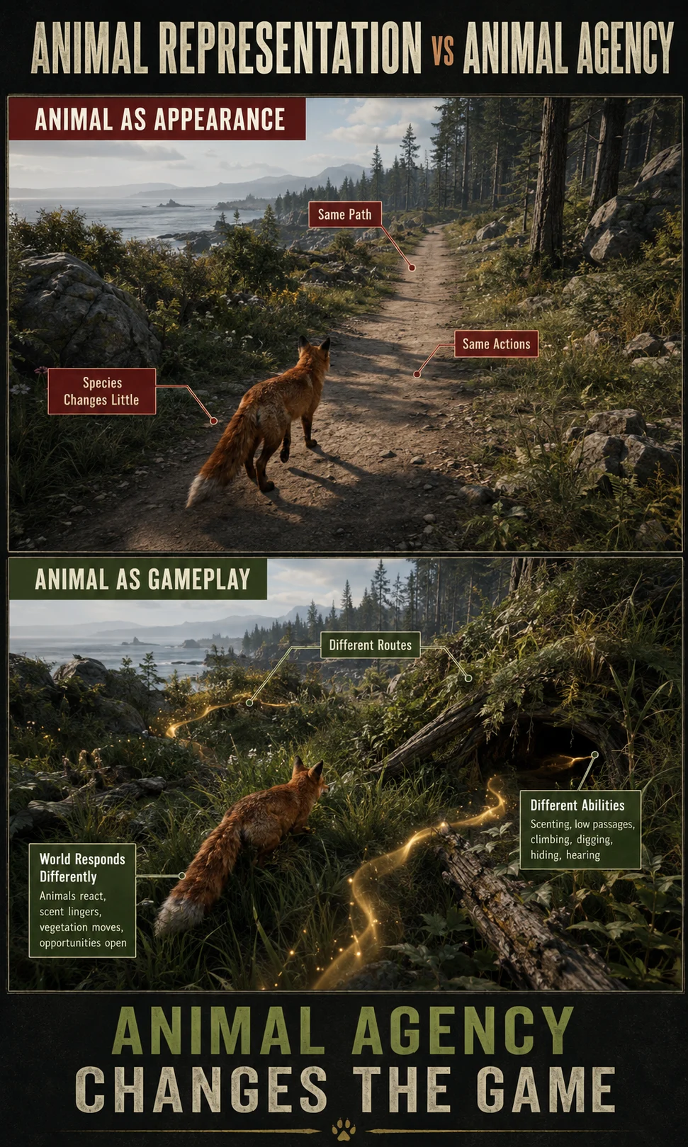 Comparison showing the difference between an animal used as a visual character and an animal whose abilities change gameplay