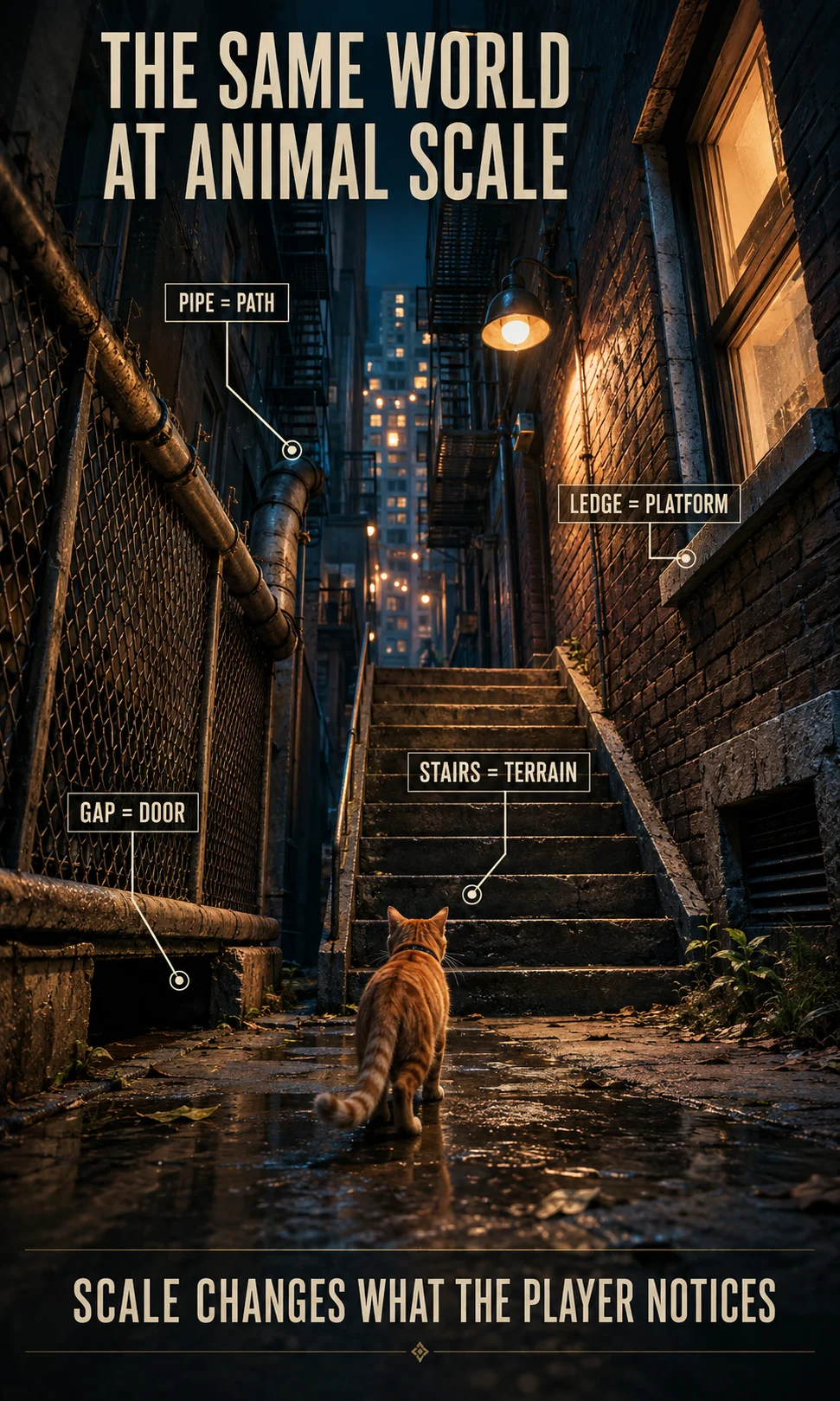 Cat-sized urban environment showing how pipes, fences, windows and rooftops become different routes at animal scale