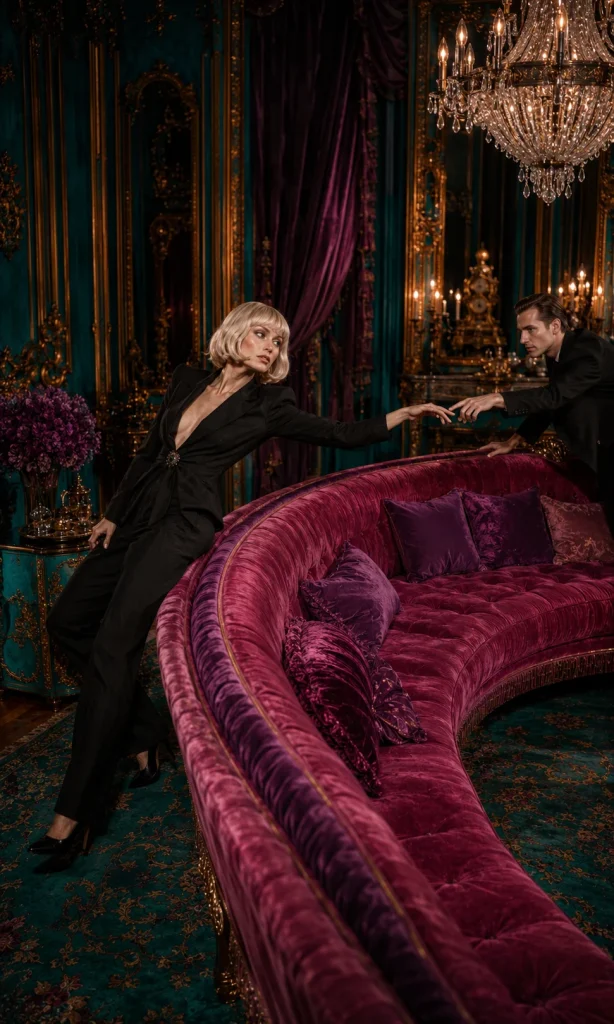 Couple reaching dramatically across a colorful luxury sofa to illustrate emotional distance during antidepressant treatment.