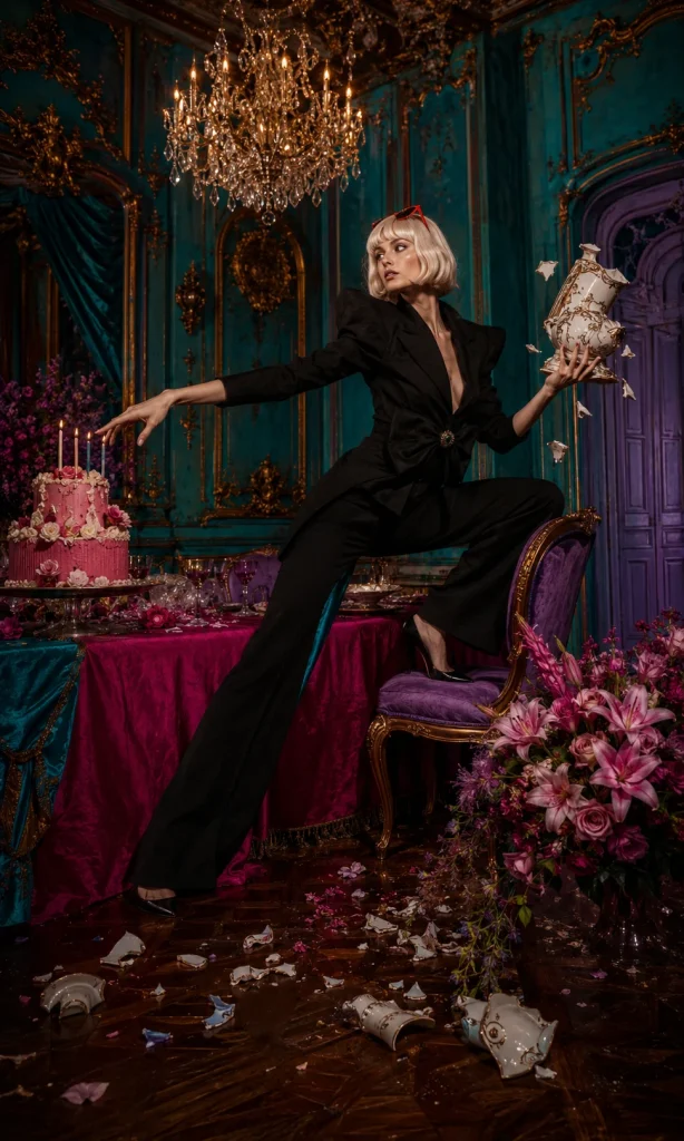 Woman dramatically reaching between a cake, broken porcelain and flowers to represent reduced emotional range.