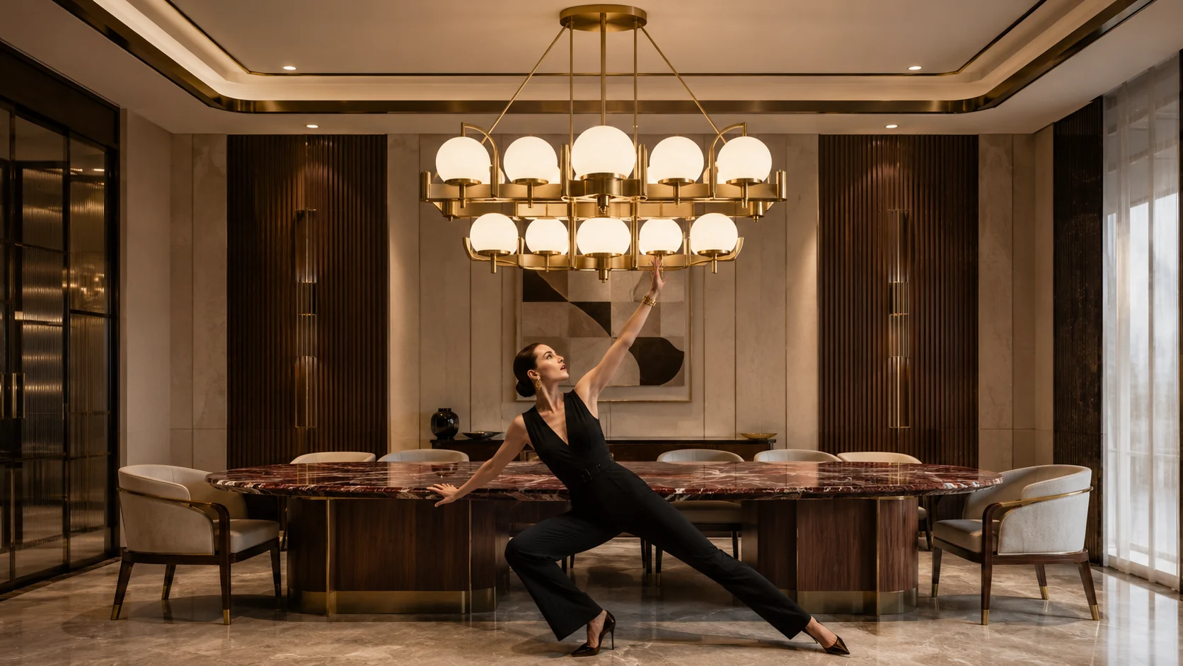 Woman posing beneath a sculptural Art Deco pendant above a burgundy marble dining table