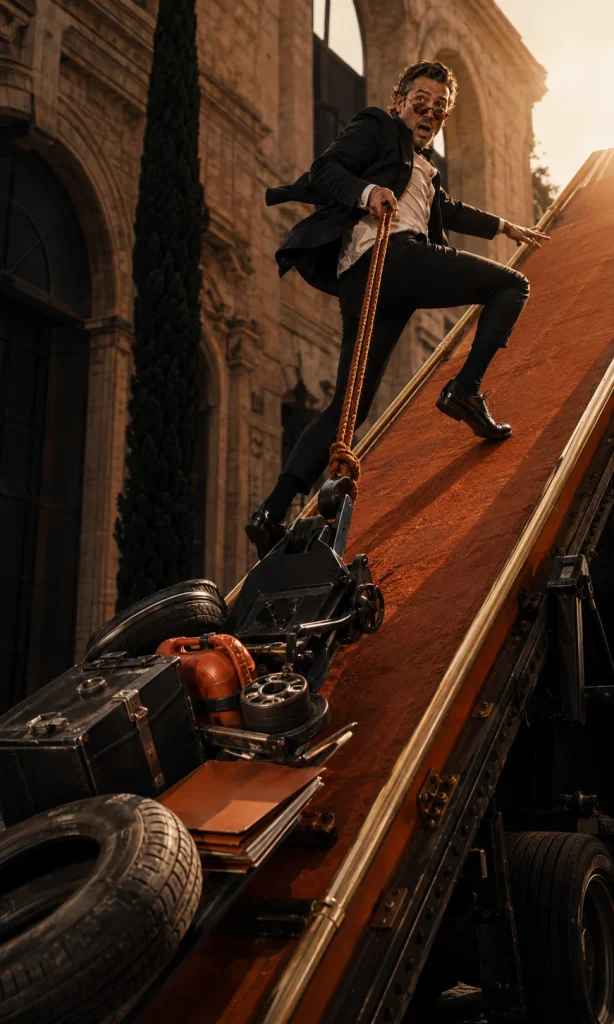 Business owner climbing a steep platform while pulling heavy vehicle-recovery equipment and business costs.