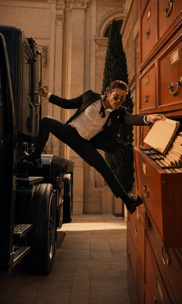Business owner stretching dramatically between repossession equipment and a stack of client contracts.