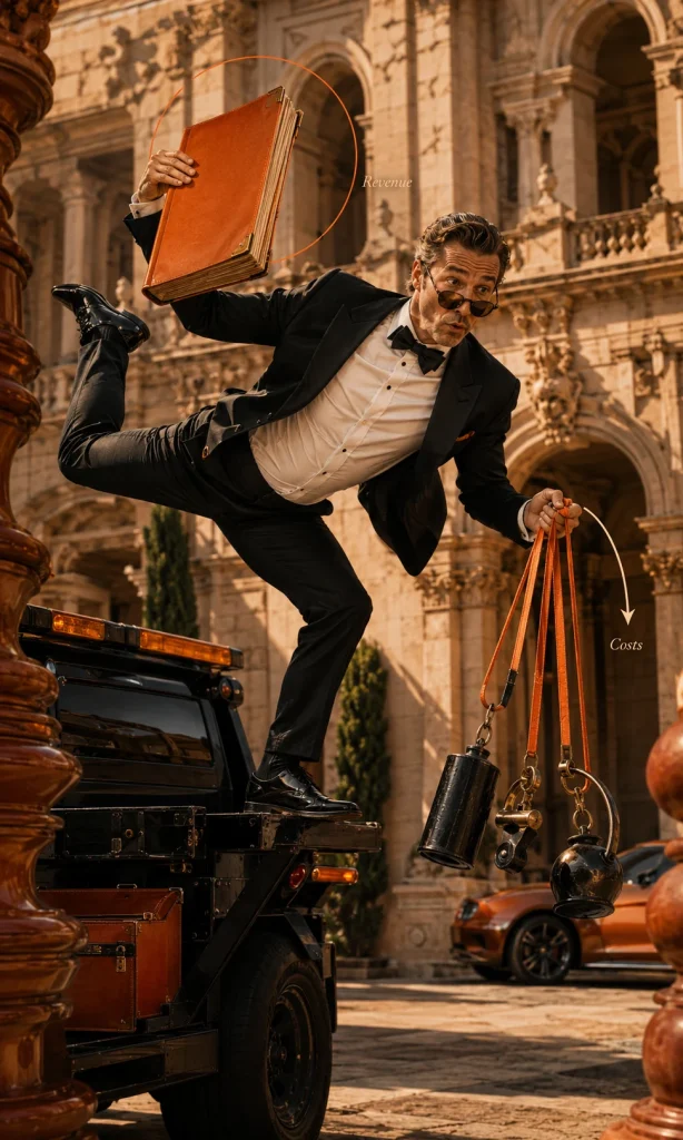 Business owner balancing between vehicle recovery revenue and operating expenses in a stylized orange repossession yard.