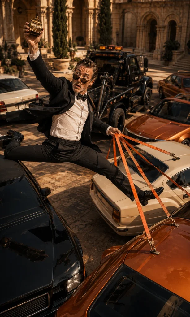 Auto repossession business owner stretching between multiple recovered vehicles to illustrate job volume and income.