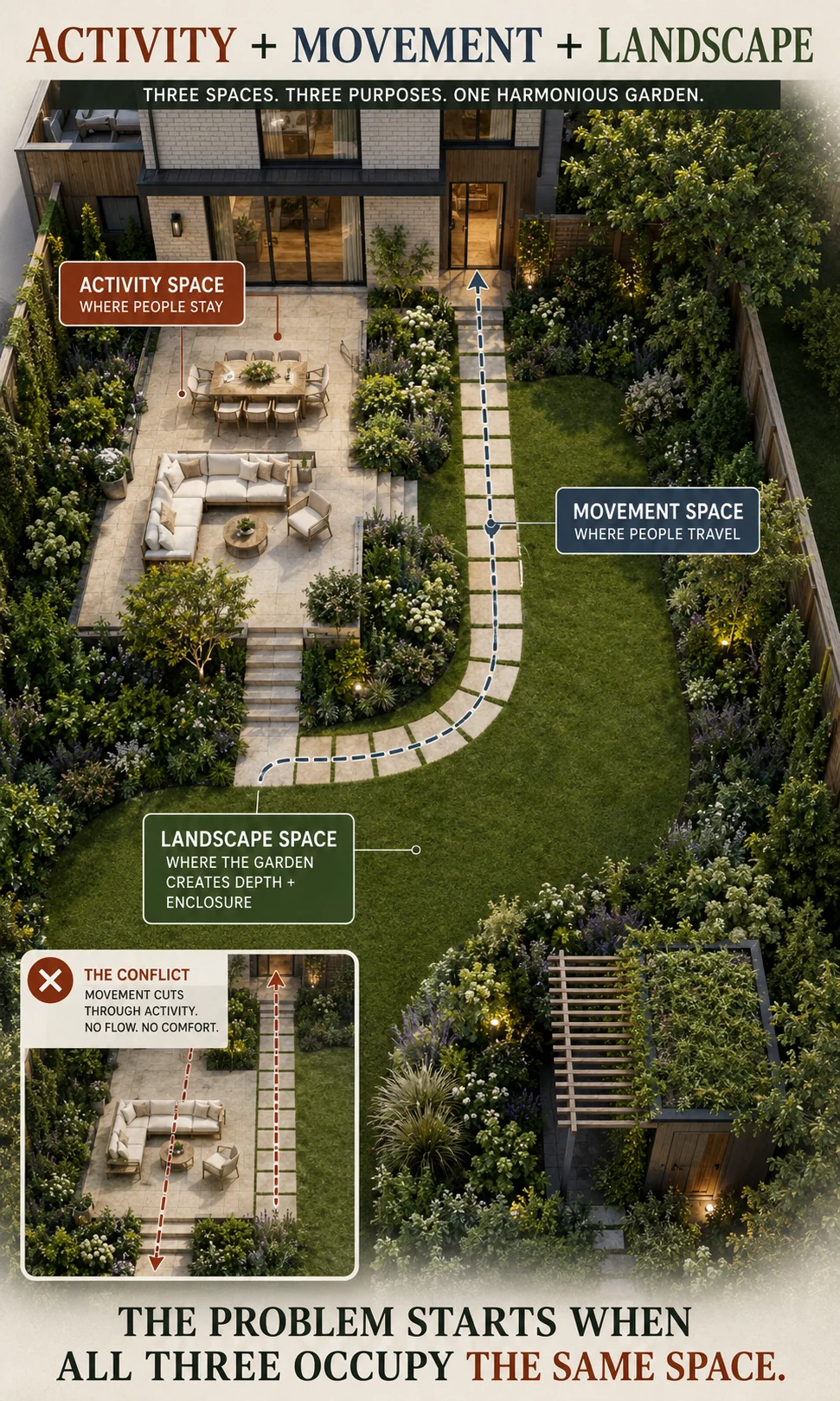 Backyard landscape diagram showing activity space, movement space and landscape space working together