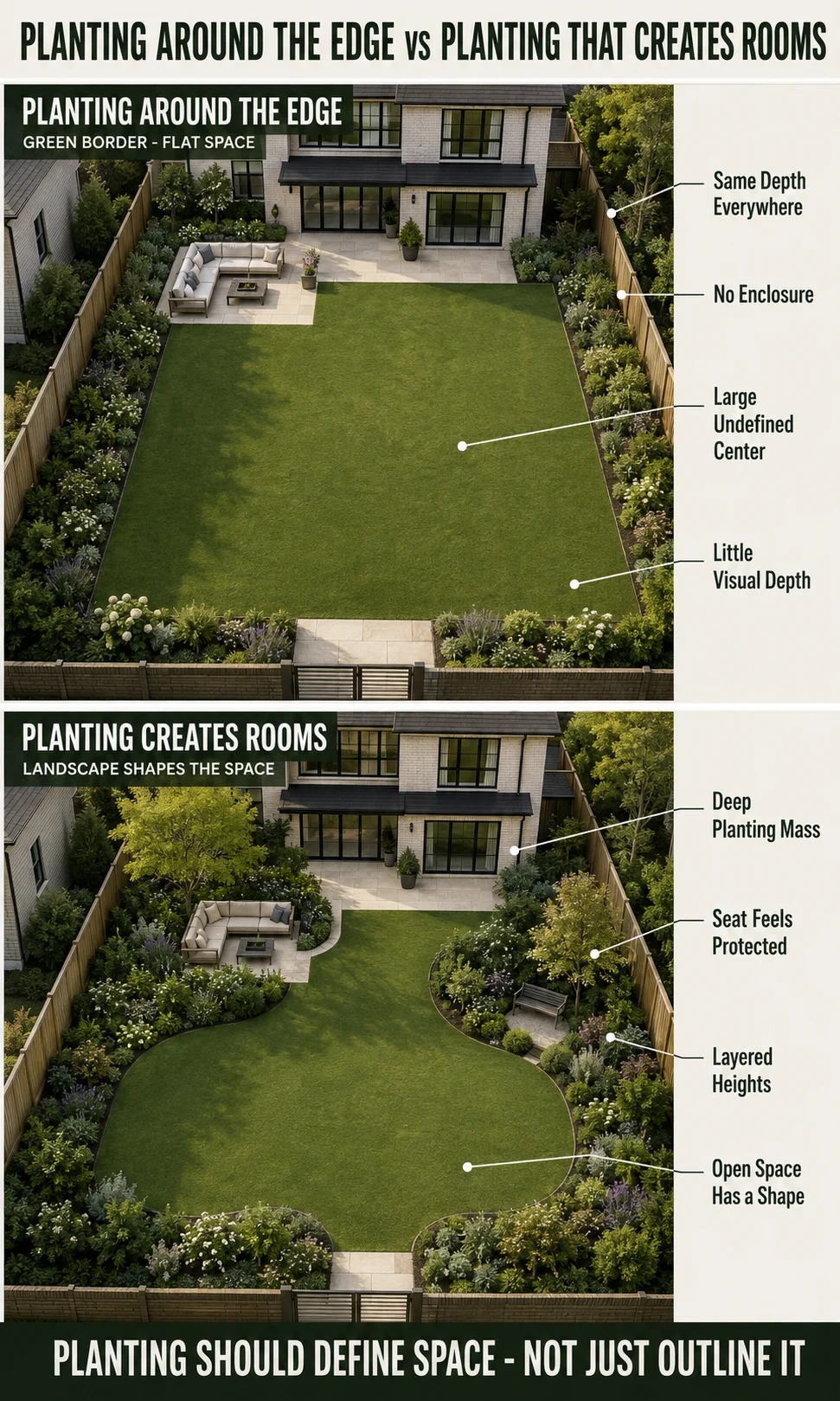 Backyard comparison showing narrow planting around every boundary versus deeper planting masses that create outdoor rooms