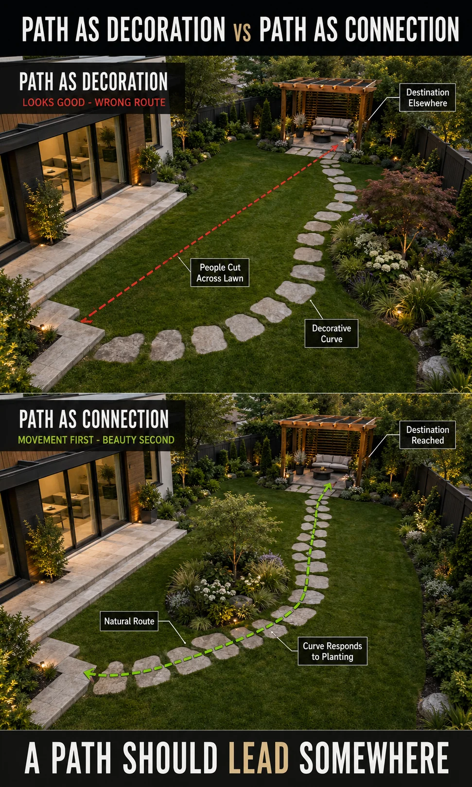 Backyard path comparison showing decorative stepping stones that lead nowhere versus a path aligned with the actual garden destination
