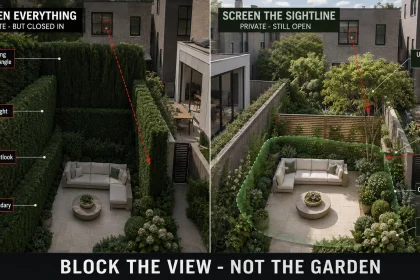 Backyard privacy planning comparison showing total boundary enclosure versus selective screening of actual neighbor sightlines