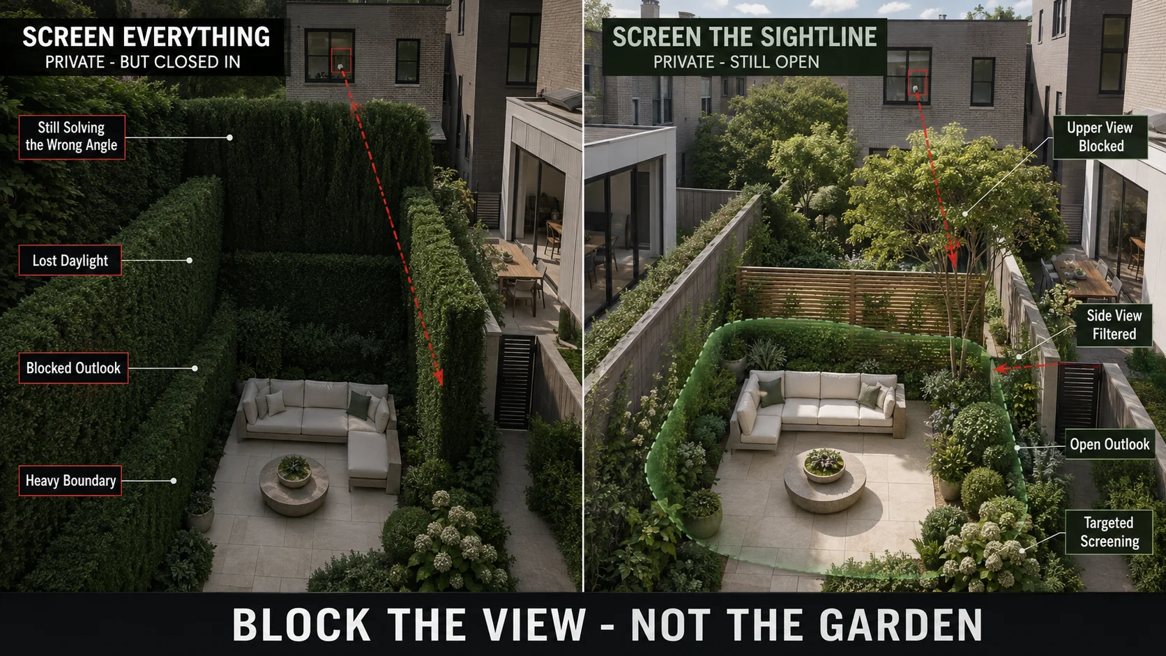 Backyard privacy planning comparison showing total boundary enclosure versus selective screening of actual neighbor sightlines