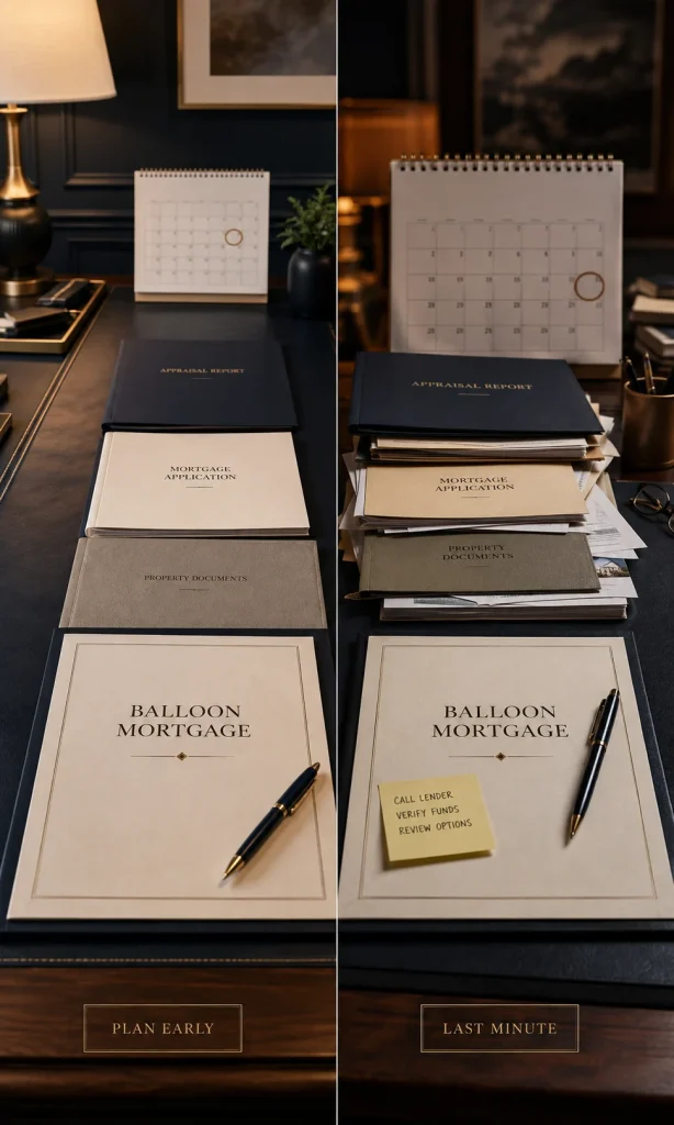 Early balloon mortgage refinance planning compared with waiting until the maturity deadline
