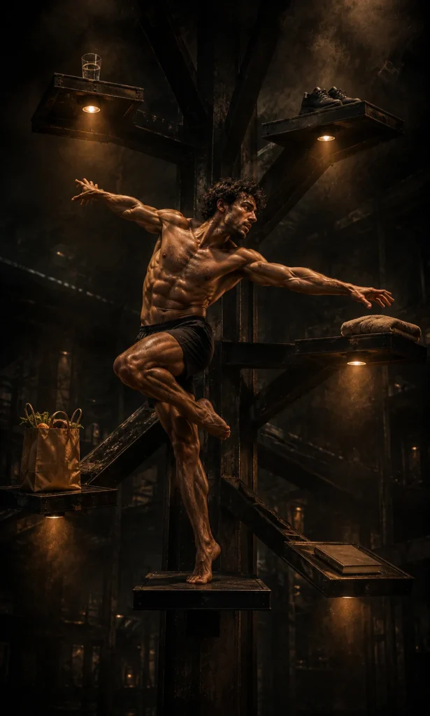 Shirtless man moving through a timed sequence of illuminated everyday activity stations, representing activity scheduling.