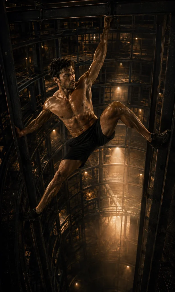 Shirtless man climbing across a circular industrial barrier instead of following the repeating route, representing avoidance in depression.