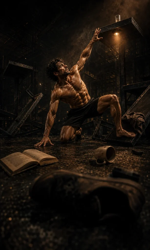 Shirtless man recovering from a chaotic fallen activity sequence and reaching toward one remaining illuminated step.