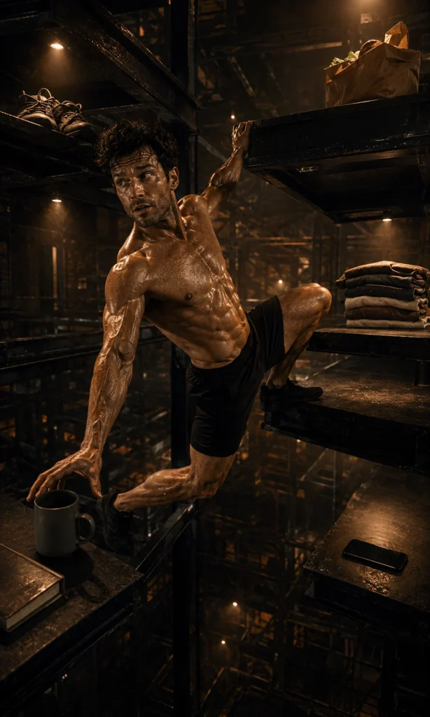 Shirtless man moving between illuminated everyday objects on staggered platforms, representing activity monitoring in behavioral activation.