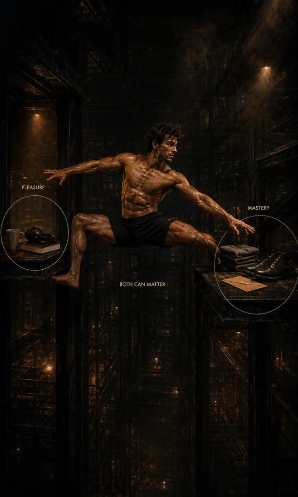 Shirtless man stretched between two activity platforms labeled Pleasure and Mastery, illustrating different behavioral activation outcomes.