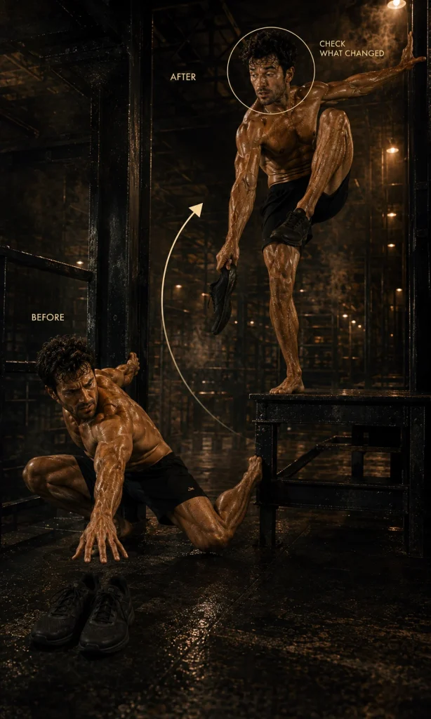 Split editorial image showing a shirtless man resisting an activity before starting and reacting differently after completing it.