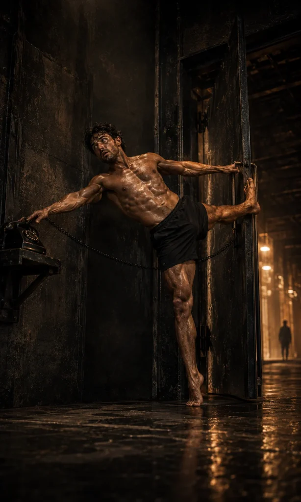 Shirtless man dramatically reaching for a ringing phone while simultaneously pulling open a heavy industrial door, representing reconnection through behavioral activation.