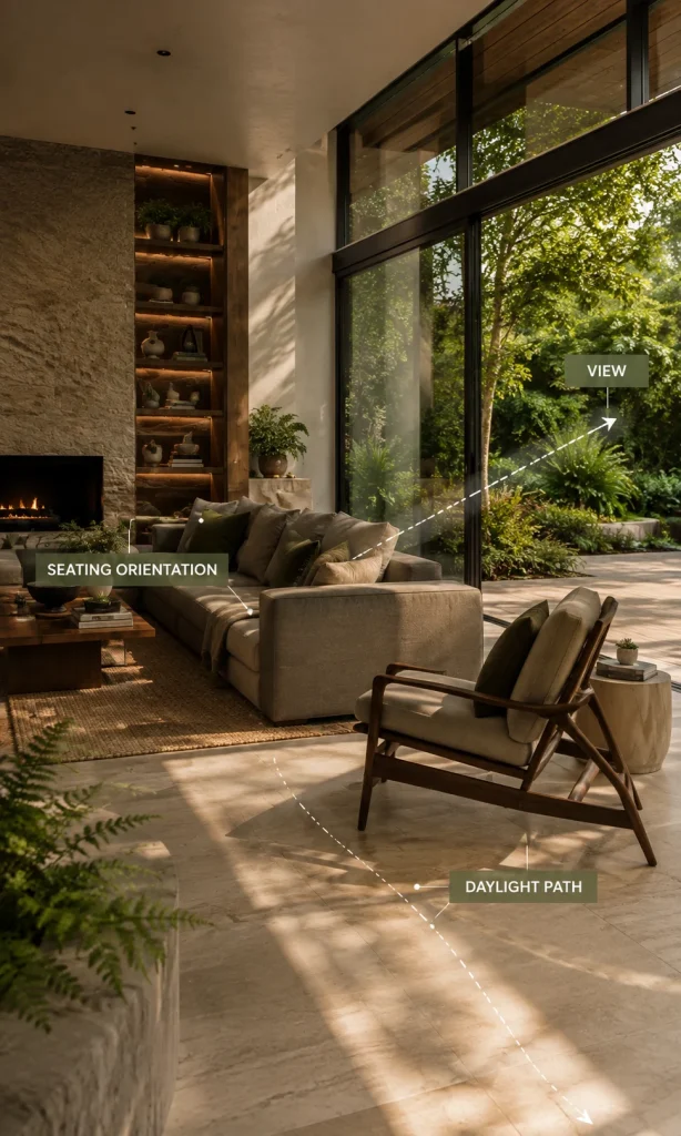 Biophilic living room diagram showing seating orientation, garden view and daylight path