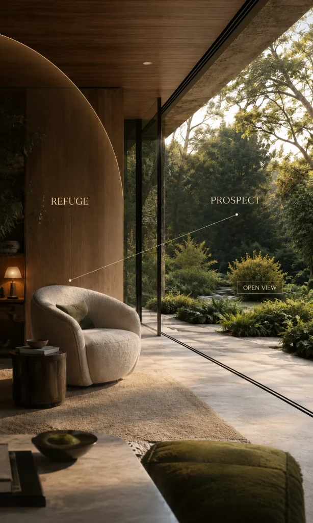 Biophilic interior diagram showing sheltered seating, timber enclosure and open garden view