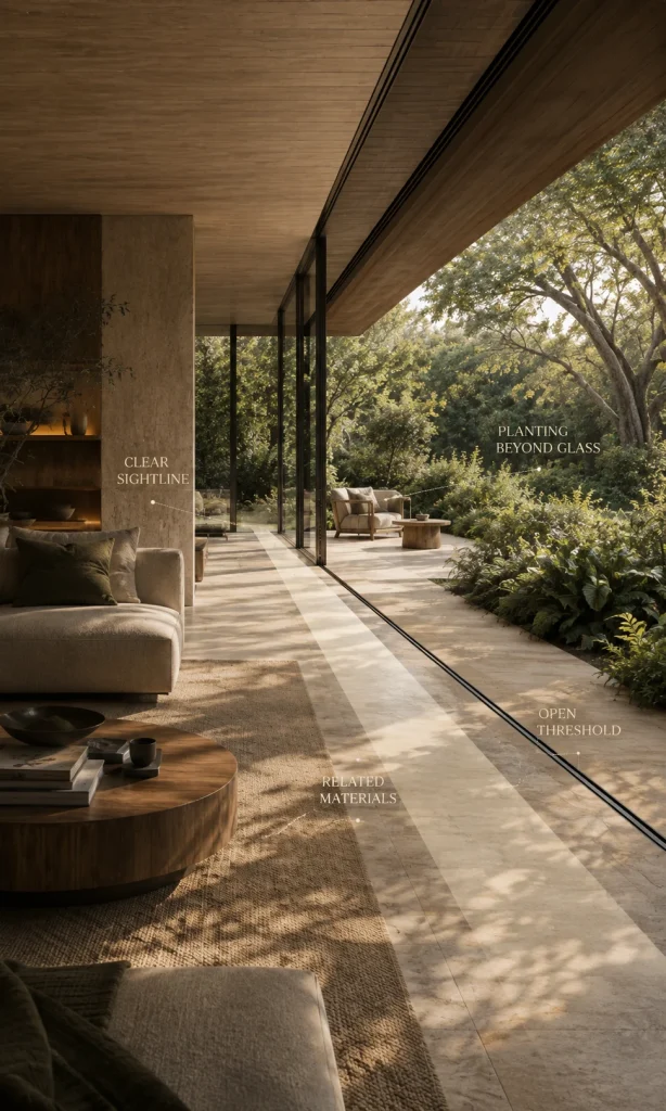 Biophilic indoor-outdoor transition with continuous flooring, open sightline and planted garden beyond glass