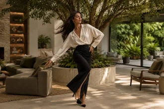 Female model in a luxury biophilic living room with indoor tree, natural light, stone, timber and garden views