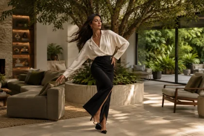 Female model in a luxury biophilic living room with indoor tree, natural light, stone, timber and garden views