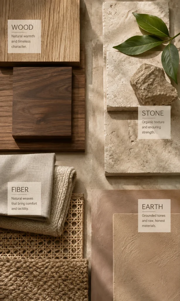 Biophilic material board with natural wood, stone, linen, woven fiber and earth finishes