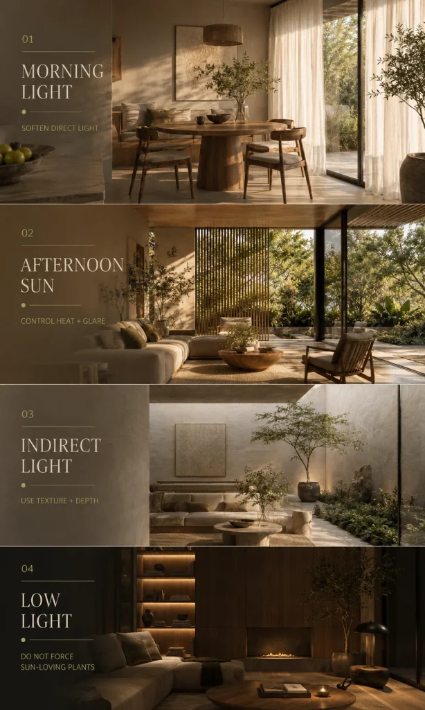 Biophilic daylight infographic comparing morning light, afternoon sun, indirect light and low-light interiors