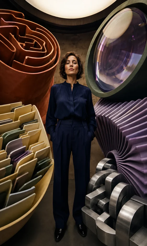Centered person surrounded by sculptural forms representing different cognitive demands during brain fog