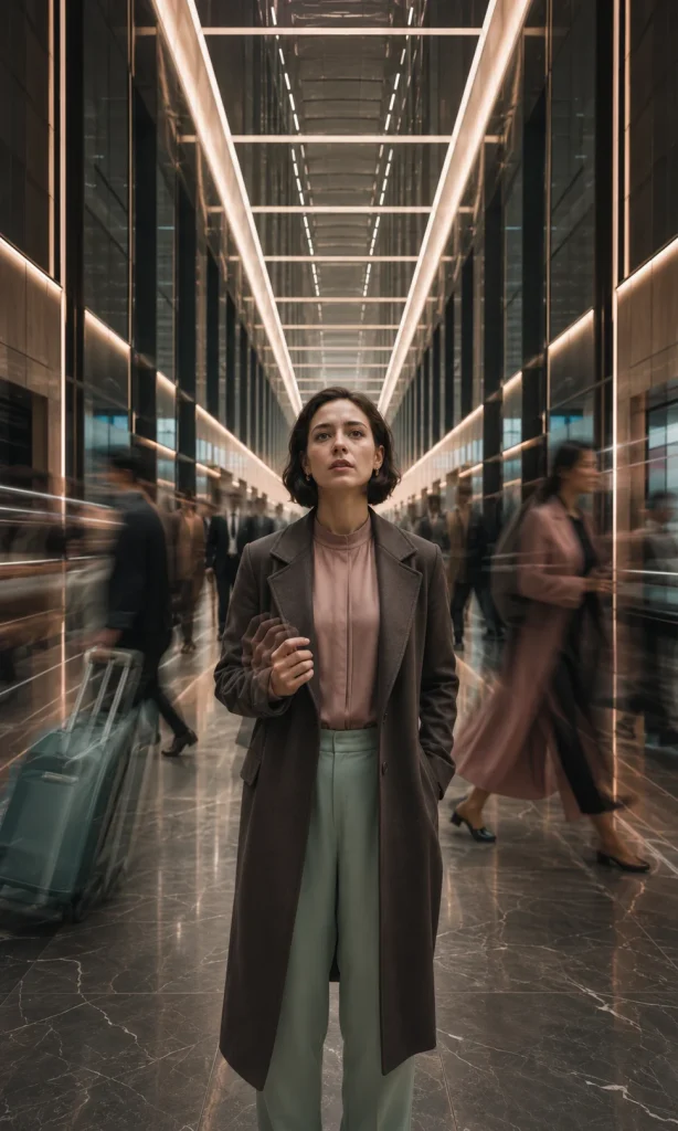 Person standing in a fast-moving corridor illustrating slower processing during depression