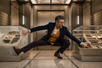 Centered adult caught between a fogged transparent memory case and a clear case with a missing object, illustrating brain fog versus memory loss.