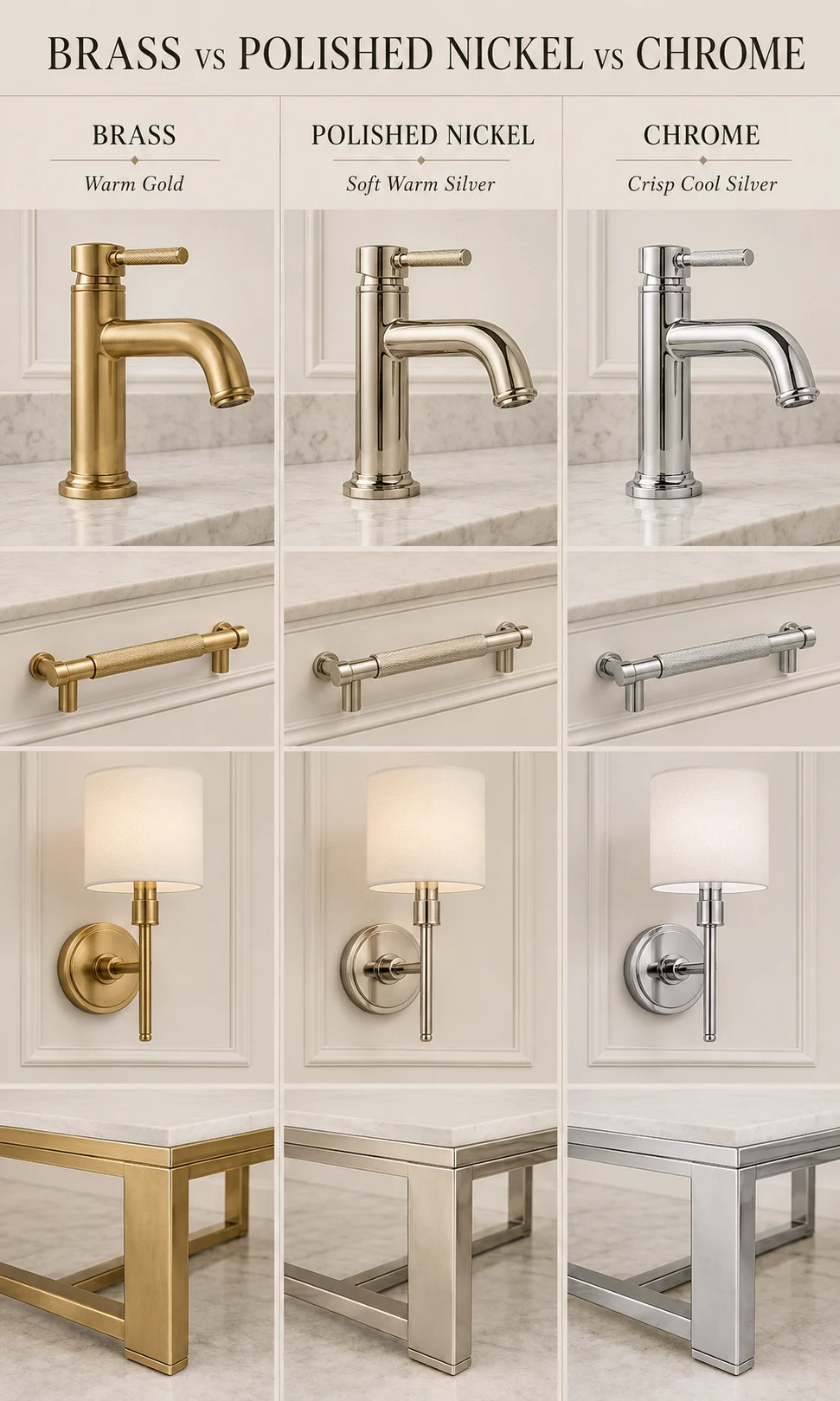 Brass, polished nickel and chrome compared on identical interior fixtures