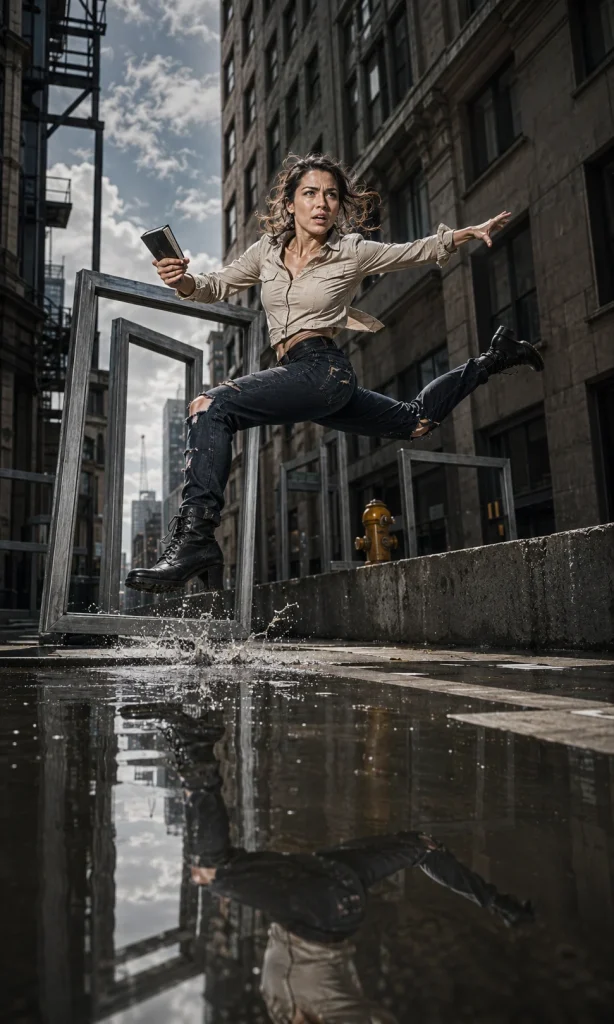 Woman moving forward while deliberately leaving one slightly crooked frame behind, representing more flexible standards