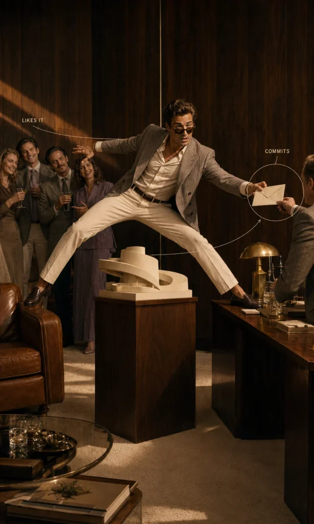 Entrepreneur reaching between enthusiastic opinions and a real customer commitment in a luxury walnut business lounge.