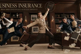Business owner balancing liability, property, people, operational and cyber insurance exposures in a premium executive risk-room scene.