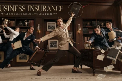 Business owner balancing liability, property, people, operational and cyber insurance exposures in a premium executive risk-room scene.