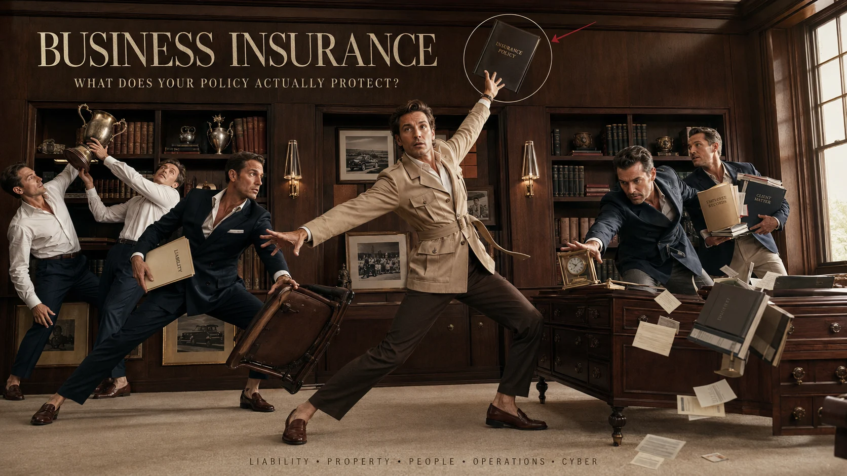 Business owner balancing liability, property, people, operational and cyber insurance exposures in a premium executive risk-room scene.