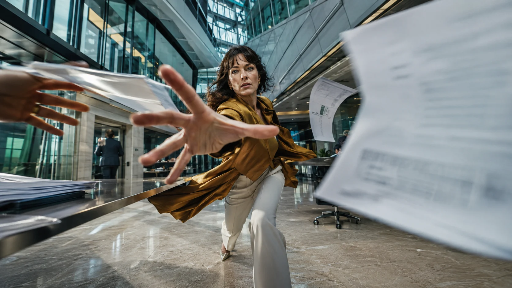 Woman centered in a fast-moving workplace reaching for information that has already moved slightly ahead of her