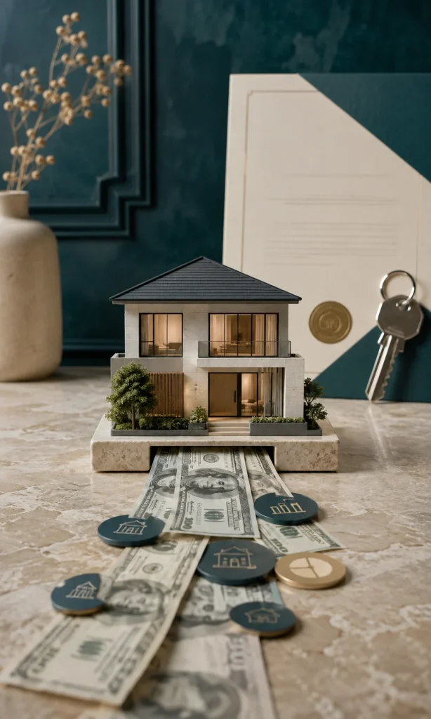 Home equity represented by a modern house connected to available cash