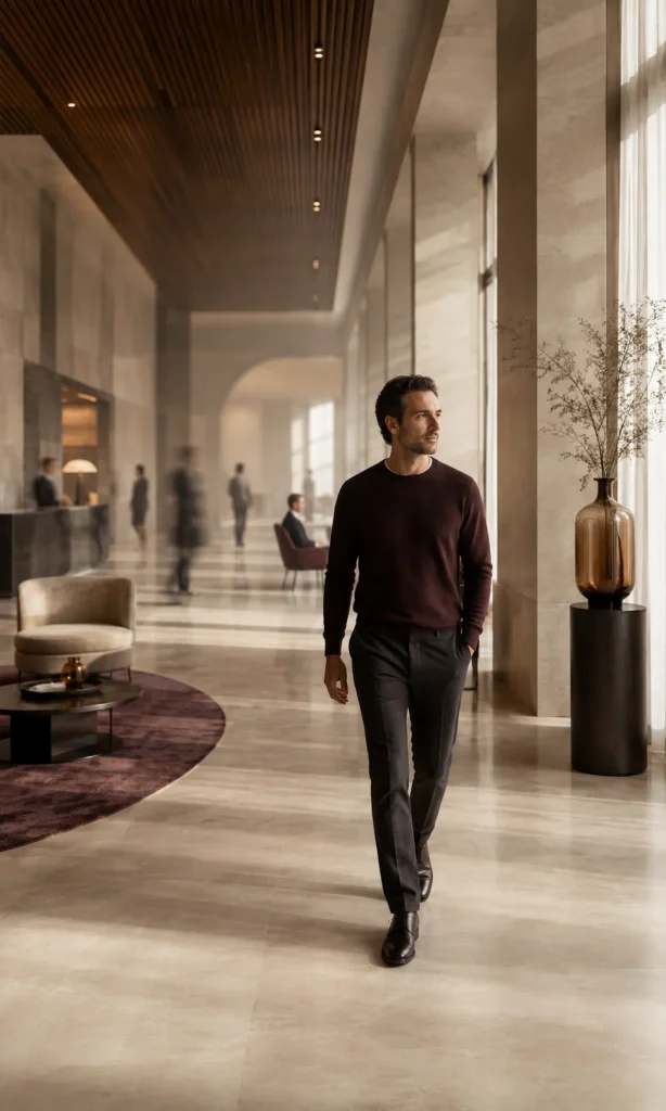 Adult sitting with a healthcare professional inside a surreal room where several different corridors converge