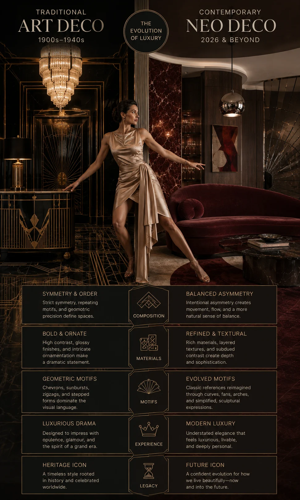 Classic Art Deco versus Neo Deco interior comparison with centered fashion model dividing traditional and contemporary rooms