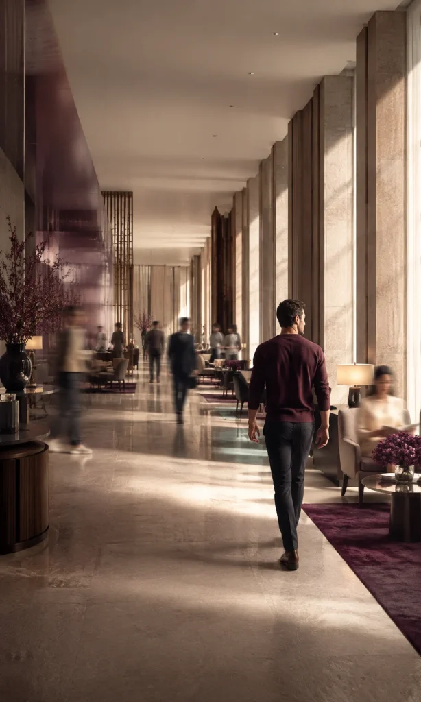 Person walking through a surreal sequence of rooms where everyday activities gradually return to normal pace