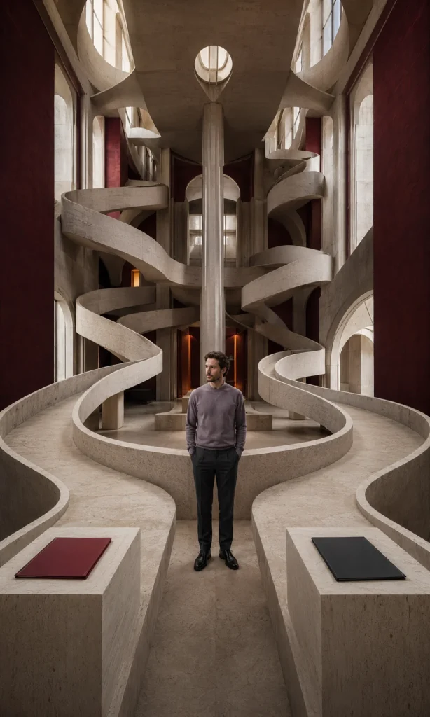 Person standing between two nearby choices connected by impossibly long architectural routes