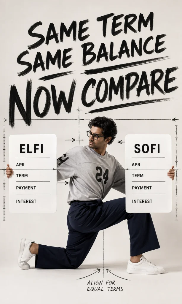 Borrower aligning ELFI and SoFi student loan refinance offers using the same balance and repayment term.