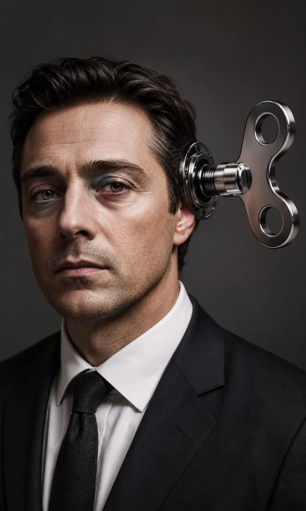 Surreal close-up professional portrait with an oversized wind-up key behind the head