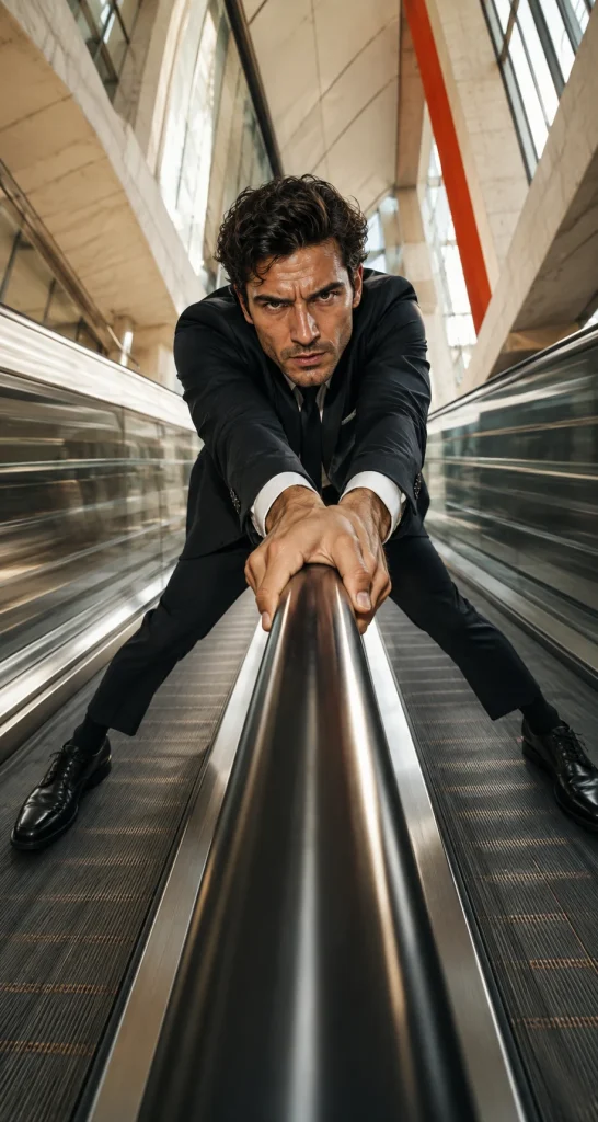 Businessman pulled between opposite moving walkways representing decision paralysis