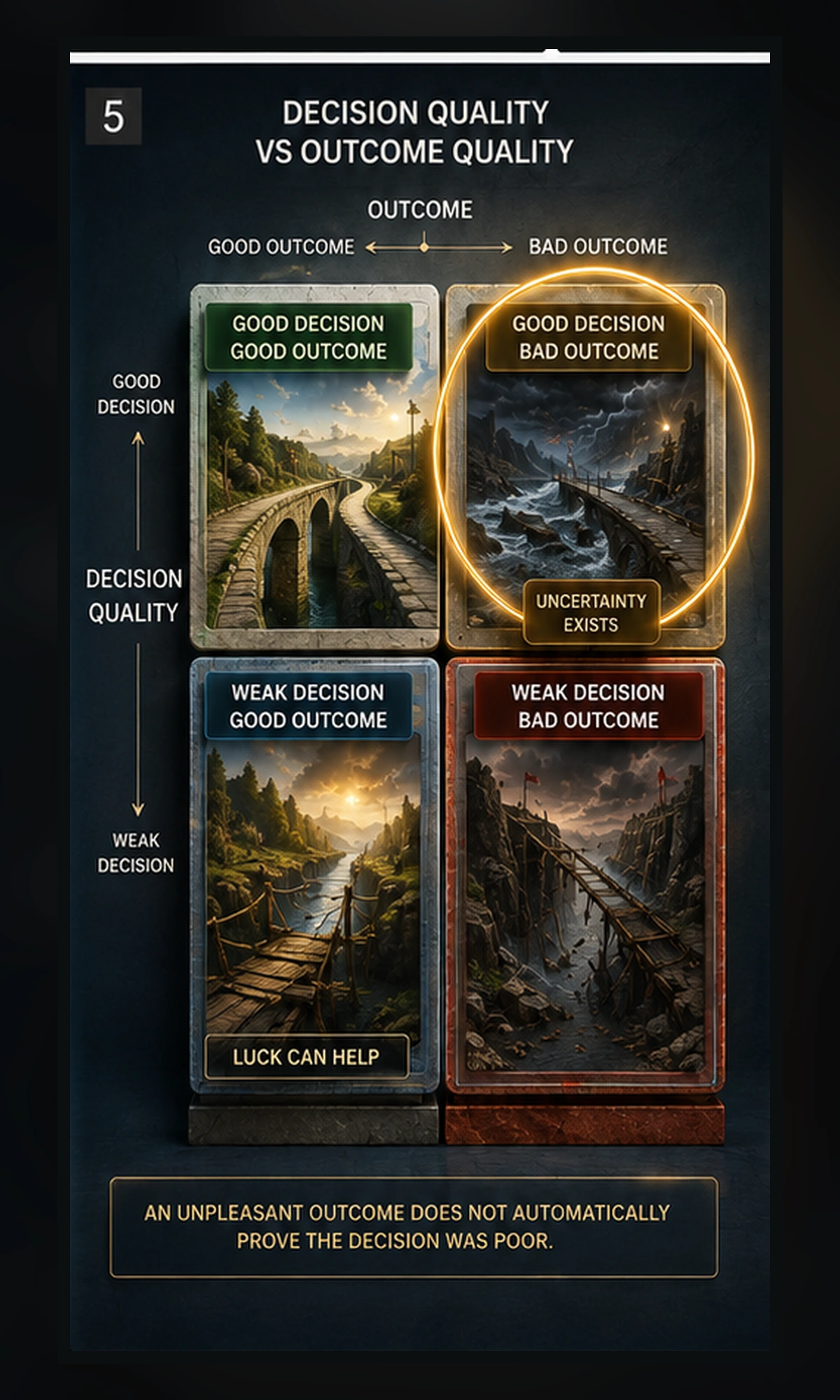 Four-quadrant infographic showing that decision quality and outcome quality are not always the same
