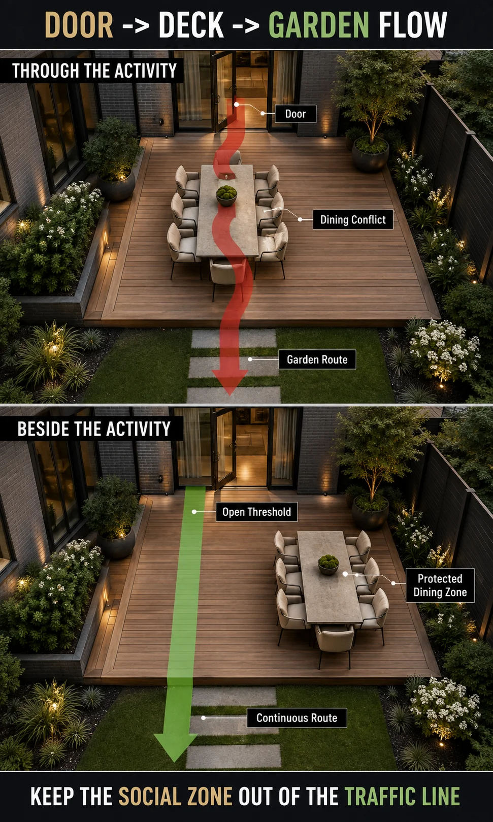Garden deck circulation diagram comparing a dining table blocking the route with a protected path from house to garden